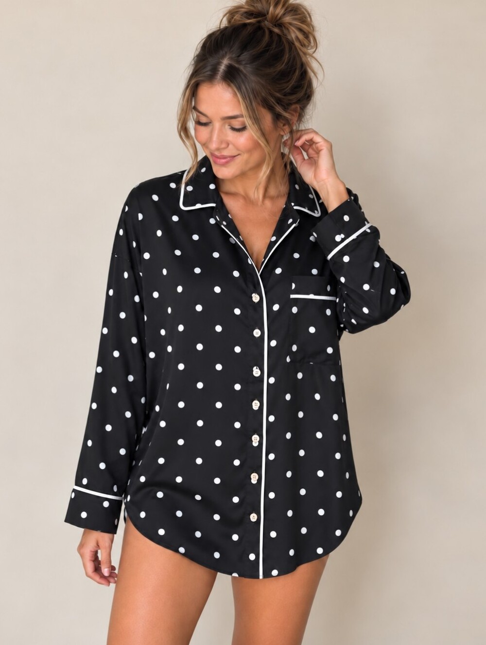 Negative Underwear Pajama Supreme Shirt Black White Polka Dot Womens Size XS/S